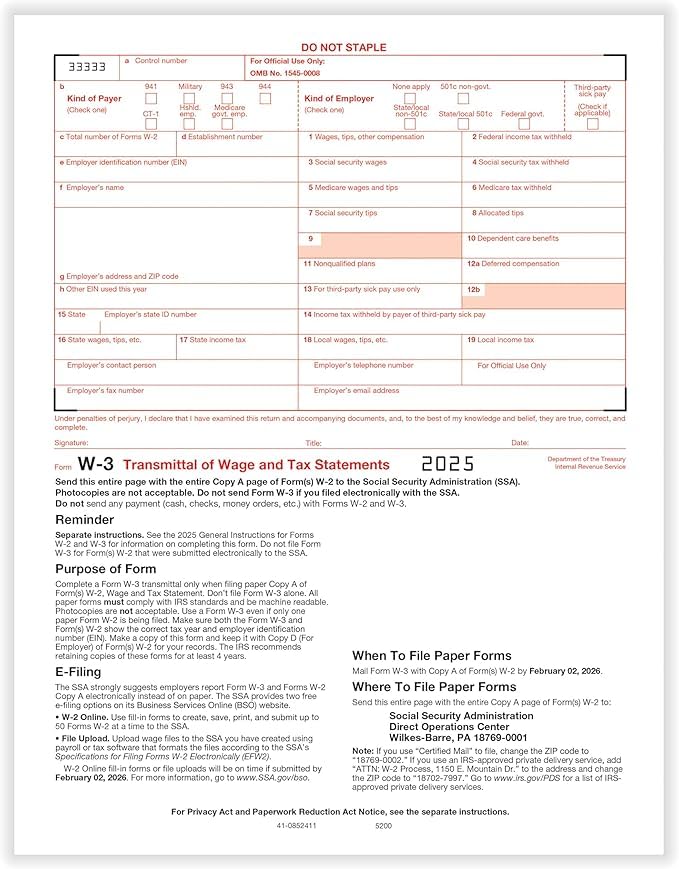 Dutymark W3 Transmittal Forms 2025, Pack of 10 W3 Laser Forms Summary for Transmittal of Wage and Tax Statements, W3 IRS Approved,W-3 Forms Designed for QuickBooks and Accounting Software,10 Pack - Image 3
